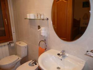 a bathroom with a sink and a toilet and a mirror at Hostal Rural Casa Castro in Alberuela de la Liena