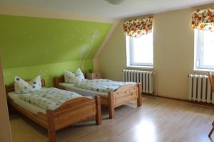 Duas camas num quarto com paredes verdes e janelas em Ferienhaus Loose 8 em Letschin