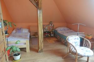 sypialnia z dwoma łóżkami i lustrem w obiekcie Rodinné ubytování - Family accommodation w mieście Kobylice