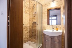 a bathroom with a sink and a shower at AgroBorcz in Borcz +21 photos