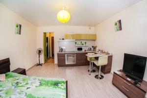 a room with a kitchen and a living room at NSK-Kvartirka, Apartment Gorskiy 75 in Novosibirsk