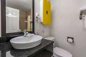 a bathroom with a sink and a toilet and a mirror at Studio 6-Dallas, TX in Dallas +21 photos
