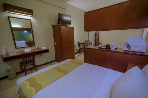 a hotel room with a bed and a desk and a television at Microtel by Wyndham Tarlac in Tarlac