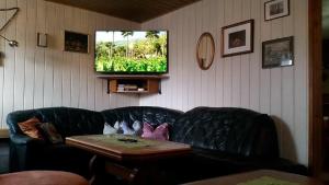 a living room with a black leather couch and a tv at Ferienhaus Kammern in Bad Koetzting