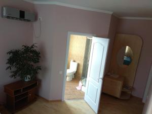 a bathroom with a toilet and a mirror at Inn Sport in Chernivtsi