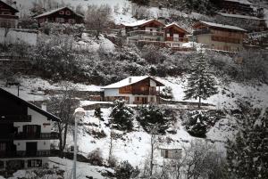 a group of houses on a snow covered hill at Magnifique chalet pour 10 personnes à Vercorin in Vercorin