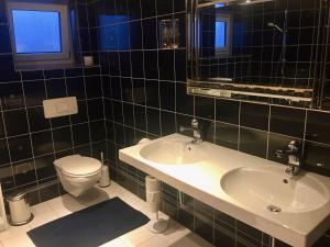 een zwart betegelde badkamer met een wastafel en een toilet bij Traumhaft Ruhige Lage Eva Lamprecht in Innsbruck +47 foto's