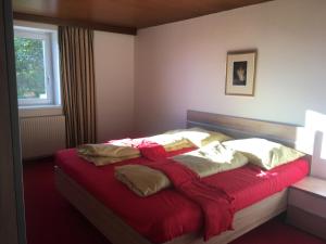 Un dormitorio con una cama con sábanas rojas y una ventana en Traumhaft Ruhige Lage Eva Lamprecht, en Innsbruck