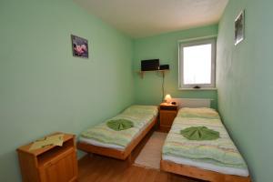 two beds in a room with green walls at Ubytovanie Bičár in Batizovce