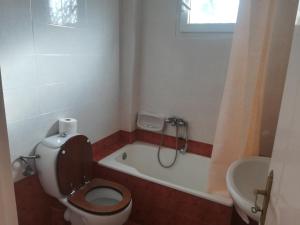 a bathroom with a toilet and a bath tub at Konstantinos Apartments in Agia Effimia