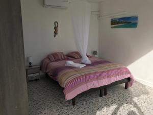 a bedroom with a bed with a pink blanket at L'Orchidée Bleue in Sainte-Anne