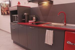 a kitchen with a sink and a red counter top at dampierrelove in Dampierre-les-Bois