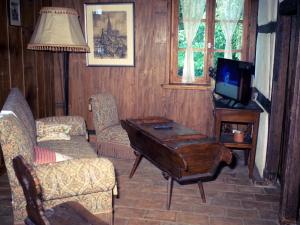 a living room with a tv and a couch and a table at Maison alsacienne in Eschau