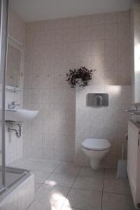 a bathroom with a toilet and a sink at Ferienwohnungen Pilke in Oranienburg