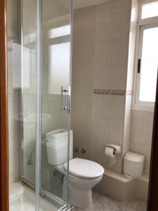 a bathroom with a toilet and a glass shower at Casa de Huespedes el Almendro in Ibiza Town