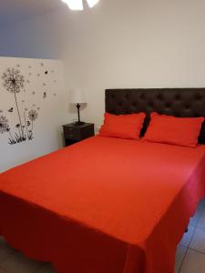 a bedroom with a red bed with red pillows at departamento centro in La Rioja