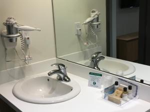 a bathroom with a sink and a mirror at University of Alberta - PLH Accommodation in Edmonton