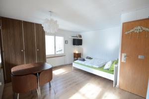 1 dormitorio con 1 cama, 1 mesa y 1 silla en The Boat House en Goldswil
