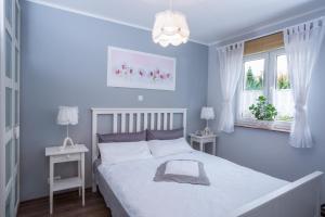 a blue bedroom with a bed and two windows at Ferienhaus Kaiserhof in Markkleeberg