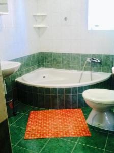 ein Badezimmer mit einer Badewanne, einem WC und einem Teppich in der Unterkunft Pljesa Apartments in Supetarska Draga