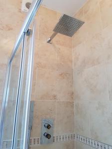 a shower with a glass door and a shower head at Green Gables Guest House in Windermere