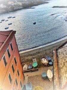 an aerial view of a beach with boats in the water at Hotel Due Mari in Sestri Levante