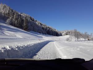 una strada ricoperta di neve con alberi in lontananza di Haus Ritter a Missen-Wilhams