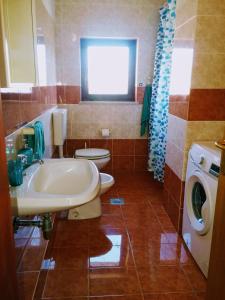 uma casa de banho com um lavatório, um WC e uma máquina de lavar roupa em Dream View Medulin em Medulin