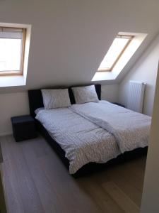 een slaapkamer met een bed met 2 kussens en 2 ramen bij Vakantie Appartement Ella in De Haan