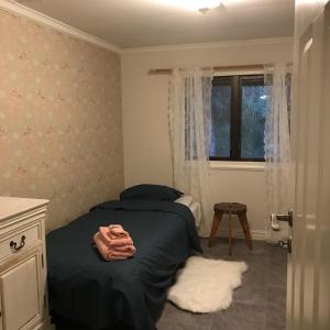 a bedroom with a bed and a window at Lillemyrsgården in Forshaga