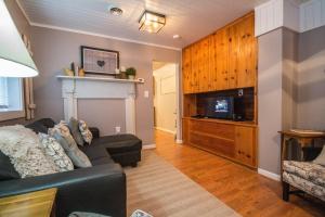 a living room with a couch and a tv at Red Roof mountain cabin with Hot Tub, Starlink & Whole-house Generator in Stanley
