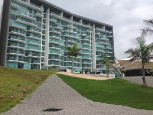 een groot gebouw met palmbomen ervoor bij Apartment Bala Beach in María Chiquita