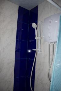 a shower in a bathroom with a blue wall at Armen's Guest House in Tatʼev