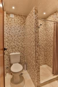 a bathroom with a toilet and a shower at Guest House Villa Teres in Shipka