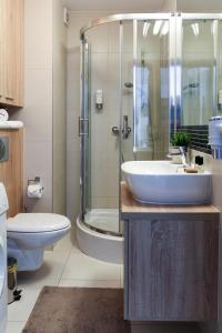 a bathroom with a sink and a shower at Apartamenty Marina Jastrzębia Góra in Jastrzębia Góra