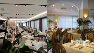 due foto di un ristorante con tavoli e sedie di Hotel Bisesti ***S a Garda