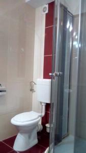 a bathroom with a toilet and a glass shower at HOSTEL CPPI Vest in Buşteni