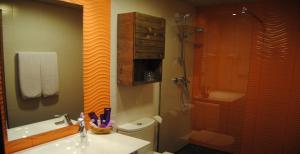 uma casa de banho com um chuveiro, um WC e um lavatório. em Santa Bárbara em Sant Corneli de Cercs 