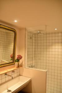La salle de bains est pourvue d'un lavabo, d'un miroir et d'une douche. dans l'établissement Les Maillettes, aux Épesses