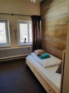 ein Schlafzimmer mit einem großen Bett und einer Holzwand in der Unterkunft Alpspitz Suite Alpi in Grainau