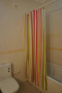 a bathroom with a shower curtain and a toilet at Lovely Studio Marta on the beach Falesia, Albufeira in Albufeira