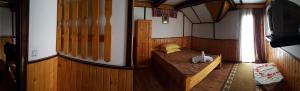 a small room with a bed in a boat at Pensiunea Puiu in Moieciu de Sus