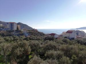 une ville sur une colline avec l'océan en arrière-plan dans l'établissement Apartment Olive Montenegro KO Becici, à Budva