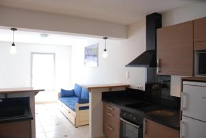 a kitchen with black counter tops and a blue couch at Les Gîtes du Pla de Moura in Luz-Saint-Sauveur