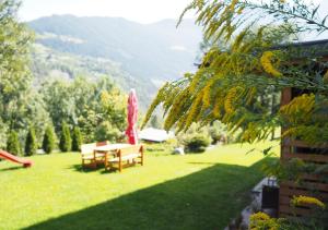 een tuin met een tafel en stoelen in het gras bij Haus Dorothee in Sautens