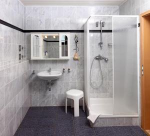 een badkamer met een douche en een wastafel bij Landgasthof zum Siebenbachtal in Strotzbüsch