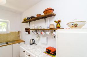 a kitchen with a white refrigerator and shelves on the wall at Holiday Home Field of Olives in Gruda