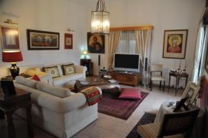 a living room with a couch and a tv at Residence L' Aubrais in Limassol