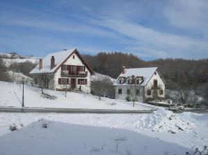 a house is covered in snow with a road at Albergue Irugoienea in Espinal-Auzperri