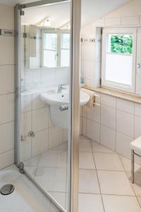 a bathroom with a shower and a sink at Gästehaus Truckenbrodt in Wasserburg am Bodensee